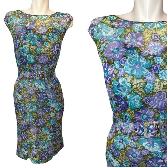 Vintage Dresses & Skirts - Vtg 60s R&K Blue Purple Floral Chiffon Overlay Sheath Dress Belted Size Small